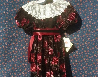 Abito vintage in velluto con stampa floreale, taglia 3T, colletto in pizzo bianco, cintura in velluto nero, stile anni '90, perfetto per bambini, abbigliamento invernale, abito per le vacanze e per Natale.
