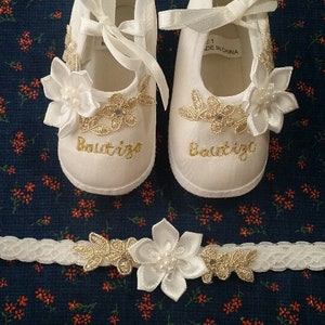 Baby Girls Bautizo Gold & White Satin Crib Shoes Set w Headband,Baby Booties,Mary Janes, Baptism Shoes, Christening Wear,Vintage Satin Shoes