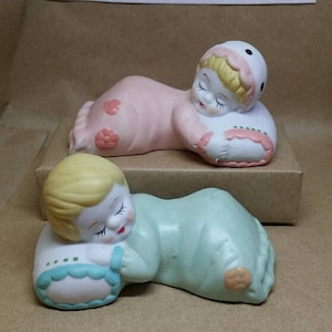 Pink or Green Blue Baby Laying On Pillow Figurine, Baby Shower Decorations,Table Decor,Baby Gift,Cake Topper, Vintage Ceramic Baby Shower
