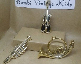 1 Vintage Small Gold Instruments, Plastic French Horn,Gold Cello or Viola,Small Cornet or Trumpet, Music Birthday Party Favor, Craft Supply