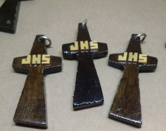 1 JHS Wood Crosses, Dark Brown Wood Cross, Rustic crosses, Mini Cross,Communion favors, Baptism  favors,funeral, Gifts, Christening Gifts