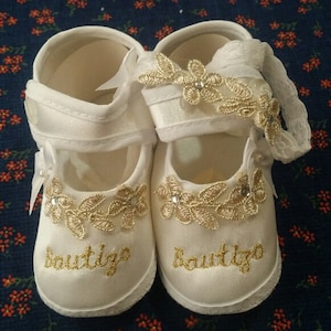 Baby Girls Baptism Bautizo Gold & White Bow Satin Crib Shoes Set w Headband,Baby Booties,Mary Janes, Shoes, Christening Wear,Vintage Shoes