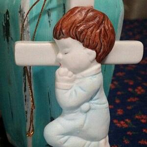 Vintage Ceramic Praying Brown Hair Boy Cross,Retro Wall Hanging,Christian, Catholic Cross,Praying Girl Boy,Communion,Baptism Ornament,Shower