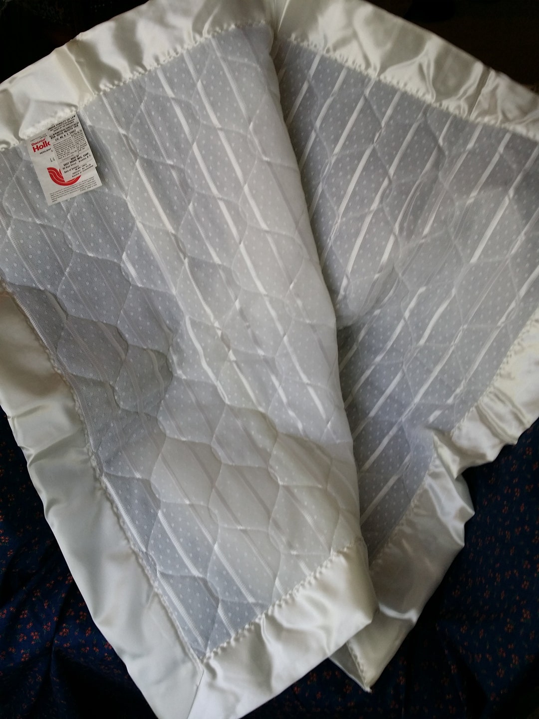 Vintage White Satin Trimmed Nylon Bedding Blanket, 49 X 37 Padded