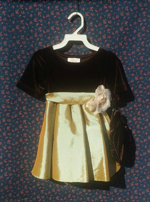 Vintage Chocolate Velvet & Champagne Taffeta Dress Size 12 Months, Cute Baby Dress, Retro Infant Dress, Matching Beret,Holiday Dress,Wedding