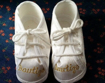 Bautizo Baby Sneaker White Satin Crib Shoes,Baby Booties, Satin Tennis Shoe, Baptism Shoes, Christening Baby Wear, Vintage Satin Baby Shoes
