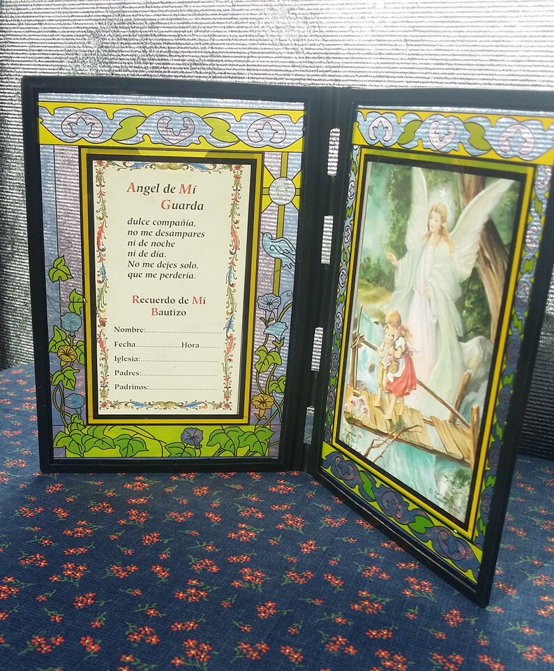 Vintage Angel De Mi Guarda Bautizo Stained Glass Style Frame 50