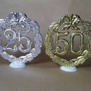 25th or 50th Anniversary Cake Topper, Silver 25th Centerpieces, Gold 50th Decorations, Retro Cake Topper & Picks, Anniversary Cake Topper