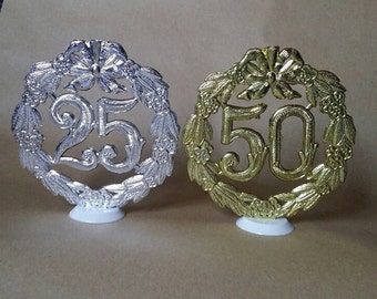 25th or 50th Anniversary Cake Topper, Silver 25th Centerpieces, Gold 50th Decorations, Retro Cake Topper & Picks, Anniversary Cake Topper