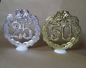 25th or 50th Anniversary Cake Topper, Silver 25th Centerpieces, Gold 50th Decorations, Retro Cake Topper & Picks, Anniversary Cake Topper