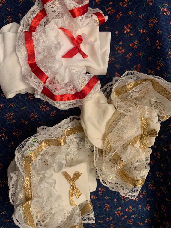 Girls Gold Ribbon & Iridescent Ruffle Socks on White and Ivory Socks, Red Trim Socks, Classic Girls fancy dress socks, Vintage Socks