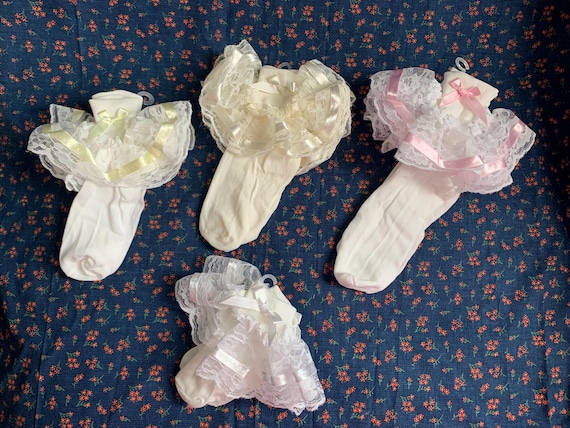 Girls White Ribbon & Ruffle Socks, Pink, Yellow, Ivory, Iridescent, Classic Girls dress socks, Vintage Socks, late 1990s