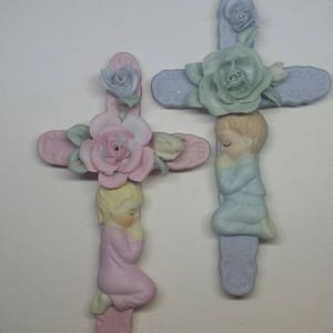 Vintage Ceramic Praying Blue or Pink Cross,Retro Wall Hanging,Christian, Catholic Cross,Praying Girl Boy,Communion,Baptism, Cross with Roses
