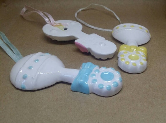 Vintage Rattle Party Favors Retro Ceramic Figurine,Gender Reveal 12 Ceramic Baby Rattle Ornaments Baby Shower Favors Pink Blue Yellow