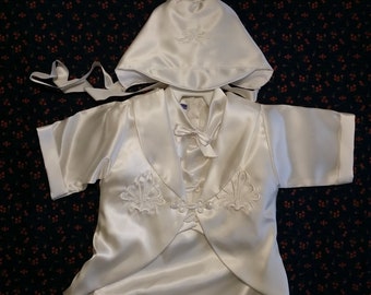 Vintage Baby Boy's White Satin Romper w Long Sleeve Jacket & Matching Hat, Vintage Phyllis Baby Wear Christening Suit,Baptism Outfit,Pageant