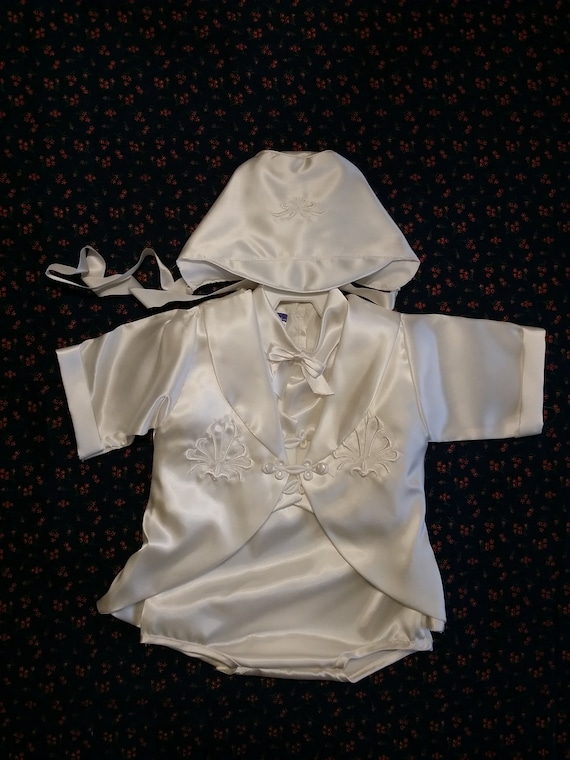 Vintage Baby Boy's White Satin Romper w Long Slee… - image 1