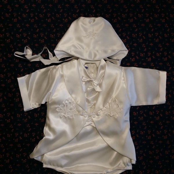 Vintage Baby Boy's White Satin Romper w Long Sleeve Jacket & Matching Hat, Vintage Phyllis Baby Wear Christening Suit,Baptism Outfit,Pageant