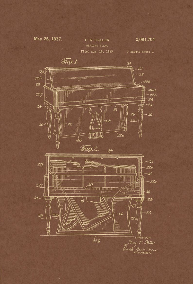 Piano Patent Digital Blueprint Wall Art Able Vintage Prints Gifts For Pianists