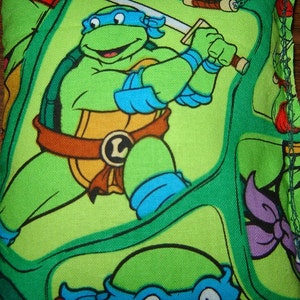 May include: A green pillow featuring a cartoon image of a Teenage Mutant Ninja Turtle. The turtle is green with a blue mask, holding a sword. The pillow has a light green background with other turtle images.