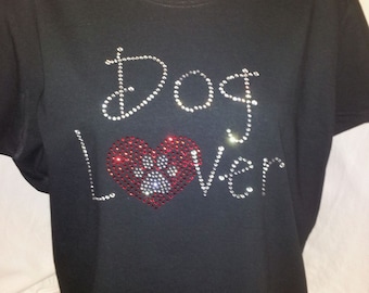 Rhinestone Dog Lover with Heart Paw Tshirt - Beautiful Gift for any Dog Lover