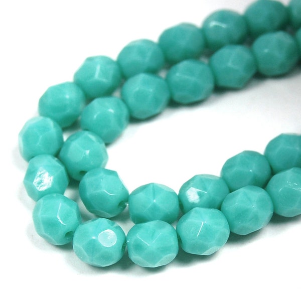 50/pc Turquoise Opaque Czech 6mm Fire-polished Faceted Round Beads