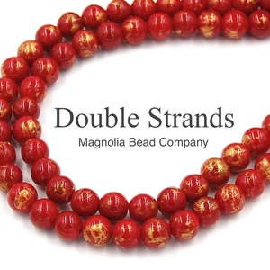 Two 15&quot; strands Red Jade Beads Gold Frosted 8mm