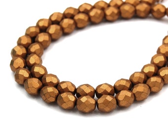 50/pc Matte Metallic Goldenrod Czech 8mm Fire-polished Faceted Round Beads