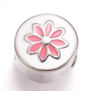 304 Stainless Steel European Beads, with Enamel, 11mm Large Hole Beads, Flat Round with Flower, Pink 2pcs