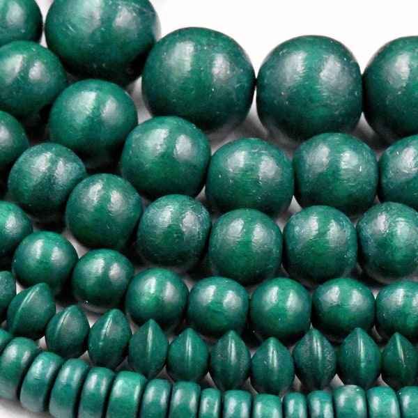 Wood Beads TWO 16" Strands, Holiday Green Wood Beads,  6mm, 8mm, 10mm, 12mm, 16mm, 20mm Round, 8x4mm Rondelle or Bicone