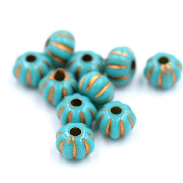 200 beads, 7mm Turquoise Gold inlayed Fluted Beads