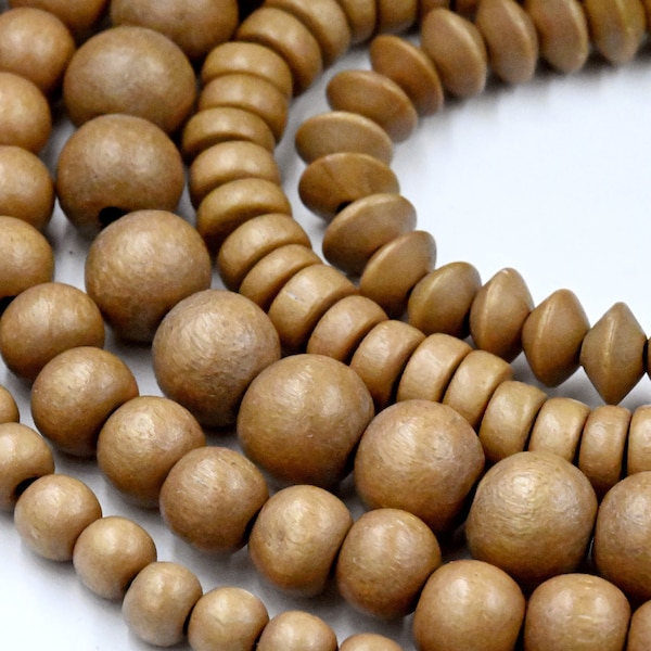 TWO 16" Strands, Toasted Almond Tan Brown Wood Beads 6mm 8mm 10mm Round, Rondelle Bicone