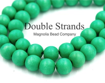 Deux rangs de 40 cm (16 pouces), perles rondes de 6 mm, 8 mm et 10 mm ou perles en bois de 8 x 5 mm, vert algue, perles en bois vert été