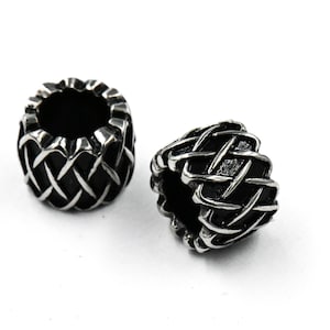 Stainless Steel Beads, 2pc, Retro Weave Pattern Large Hole Beads, 10.5x7.5mm Antique Silver