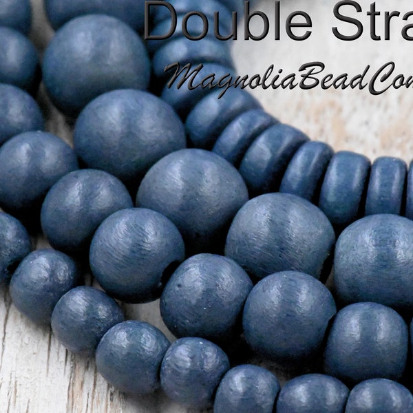 Navy Blue Gray Wood Beads 6mm, 8mm, 10mm, 8x5mm -TWO 16 inch Strand