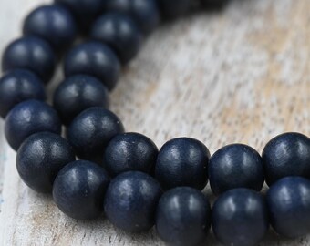 Deux rangs de perles de bois de 40 cm (16 pouces), perles de bois de 8 mm, gris forêt nocturne - perles de bois bleues