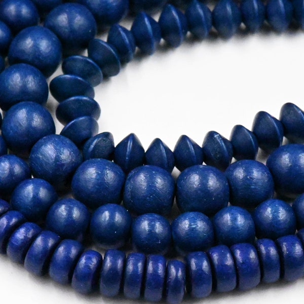 TWO 16" Strands, Dark Denim Blue 6mm 8mm 10mm 12mm Round or 8mm Rondelle or Bicone Blue Wood Beads