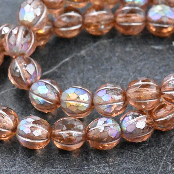 Czech Glass Beads 8mm Faceted Melon Peach with AB Finish and Metallic Beige Wash 20pc