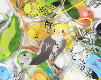 May include: A collection of colorful bird-shaped acrylic charms. The charms feature various bird species, including a cockatiel, parakeets, and lovebirds. Each charm has a metal clasp and a colored cord for attachment. The birds are depicted in bright colors.