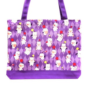 May include: A purple tote bag with a repeating pattern of white cartoon characters with red and yellow accents. The bag has a purple base and purple handles.