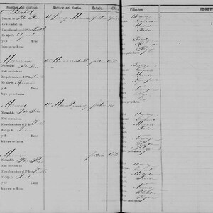 May include: A grayscale image of a historical document, likely a ledger or record book. The document is filled with handwritten text in Spanish, organized into columns and rows. The text is somewhat faded, suggesting age.