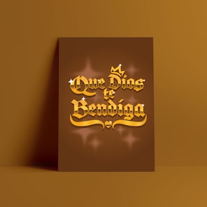 May include: A brown background with a gold crown and the text "Que Dios te Bendiga" in a gold, ornate font.