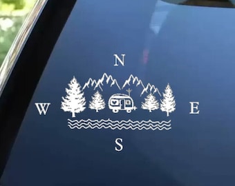 Camping Decal, camper decal, hiking decal, outdoorsy decal, lodging decal, camper compass, mountain decal, bunking decal, gift for hiker