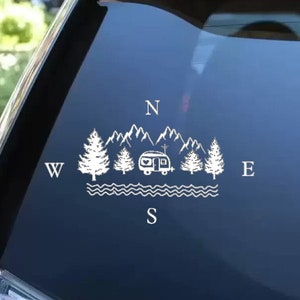 Camping Decal, camper decal, hiking decal, outdoorsy decal, lodging decal, camper compass, mountain decal, bunking decal, gift for hiker