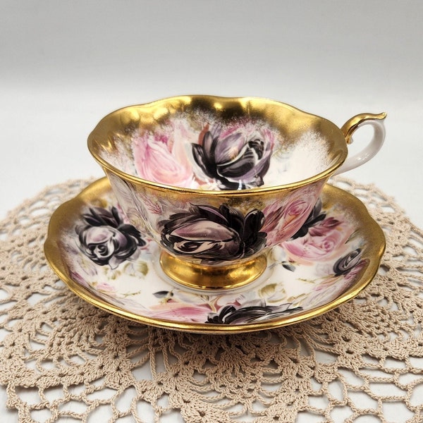 Royal Albert Tourmaline from the Summer Bounty Series Cup and Saucer, made in England, English bone china, Beautiful Large Cabbage Roses