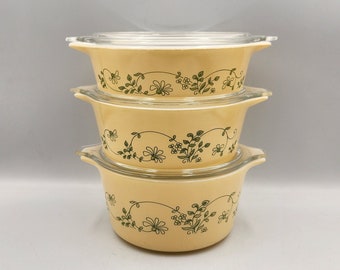 Vintage Set of Pyrex Shenandoah Wintergreen Casserole Dishes and Lids; Bake Serve Store Set with Lids