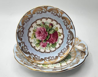 Foley Cabbage Roses Trio Cup and Saucer, signed P Granet, Pale Blue Band