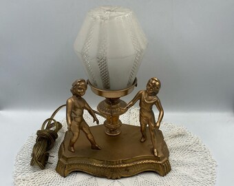 Beautiful Art Deco Double Figurine Lamp with Frosted Glass Shade