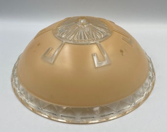 Art Deco Beige and Clear Glass Domed Ceiling Lamp Shade with Geometrical Design; Sold as found