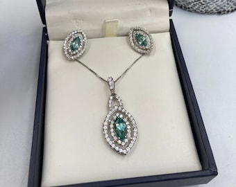 Vintage Sterling Pendant and Earrings with Blue and Clear Rhinestones