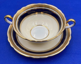 Discontinued AYNSLEY Regency Blue Double-handled Cream Soup with Saucer